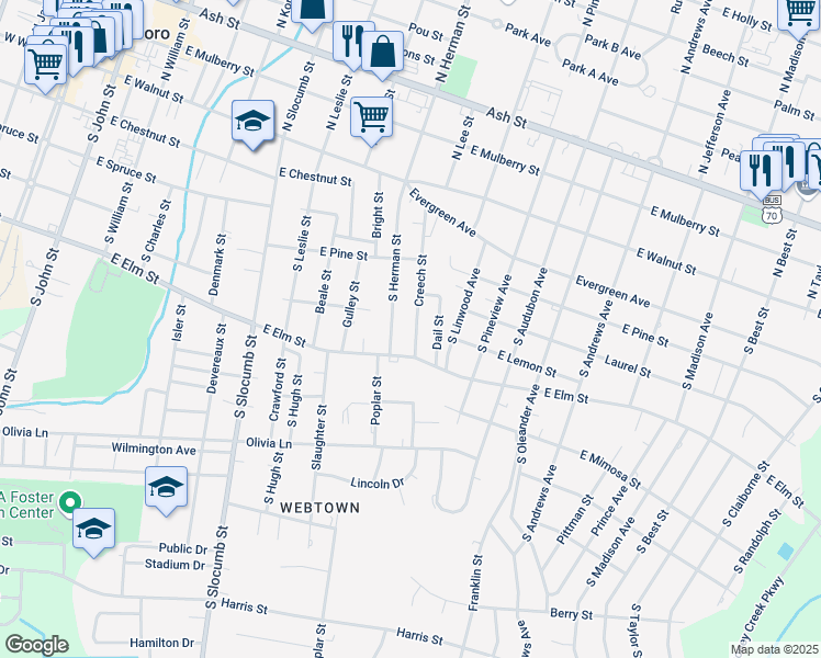 map of restaurants, bars, coffee shops, grocery stores, and more near 505 Creech Street in Goldsboro