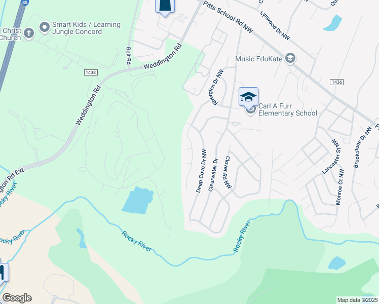 map of restaurants, bars, coffee shops, grocery stores, and more near 453 Pebble Stone Court Northwest in Concord