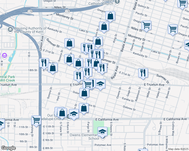 map of restaurants, bars, coffee shops, grocery stores, and more near 631 Baker St in Bakersfield