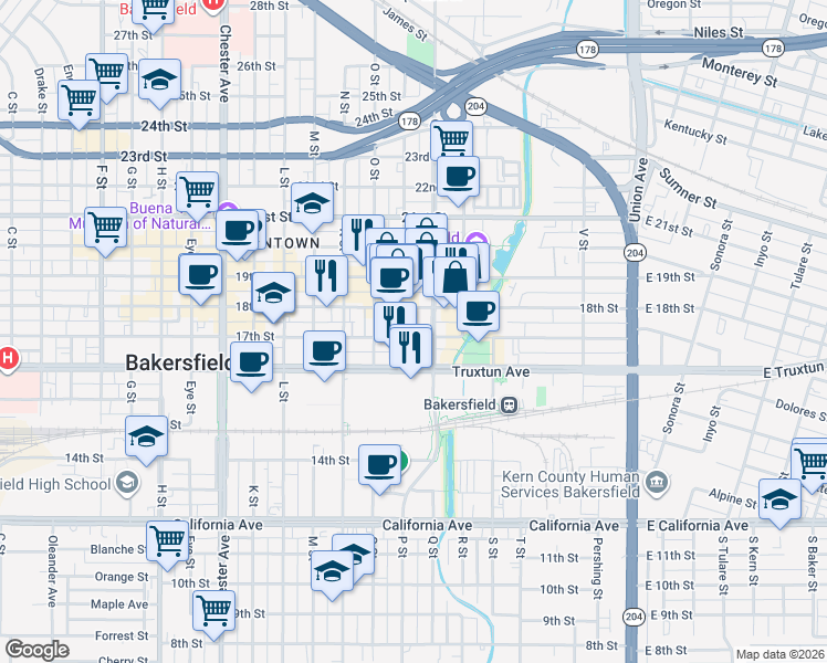 map of restaurants, bars, coffee shops, grocery stores, and more near 822 17th Street in Bakersfield