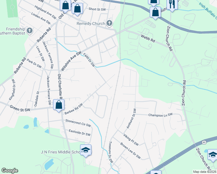 map of restaurants, bars, coffee shops, grocery stores, and more near 658 Faith Drive Southwest in Concord