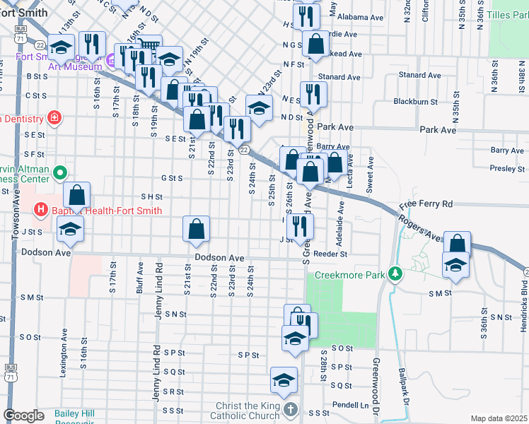 map of restaurants, bars, coffee shops, grocery stores, and more near 901-999 S 25th St in Fort Smith
