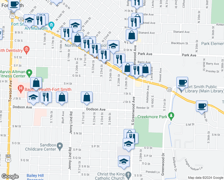 map of restaurants, bars, coffee shops, grocery stores, and more near 919 South 24th Street in Fort Smith