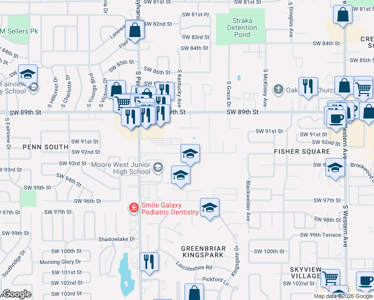 map of restaurants, bars, coffee shops, grocery stores, and more near 1501 Southwest 93rd Street in Oklahoma City
