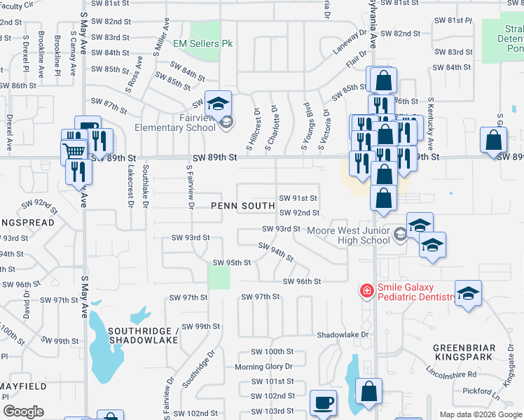 map of restaurants, bars, coffee shops, grocery stores, and more near 2401 Southwest 92nd Street in Oklahoma City