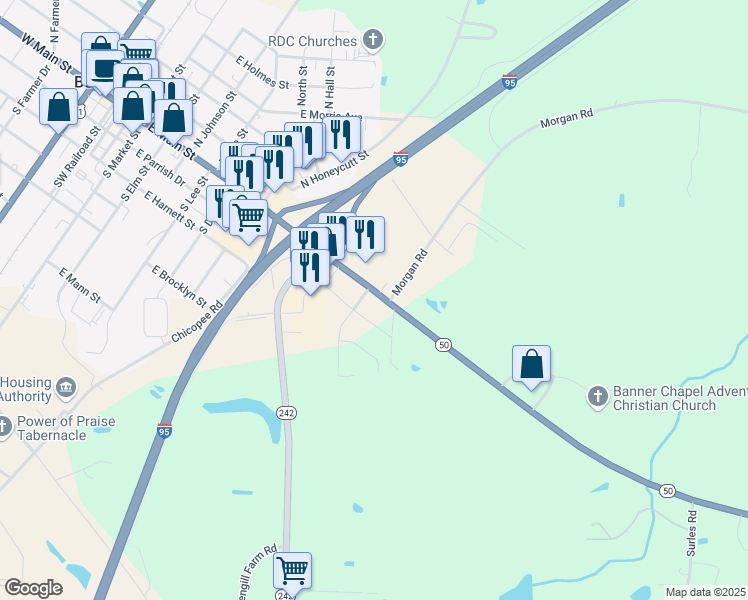 map of restaurants, bars, coffee shops, grocery stores, and more near 1004 East Main Street in Benson