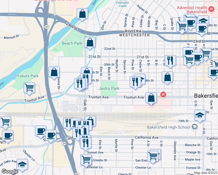 map of restaurants, bars, coffee shops, grocery stores, and more near 2900 Truxtun Avenue in Bakersfield