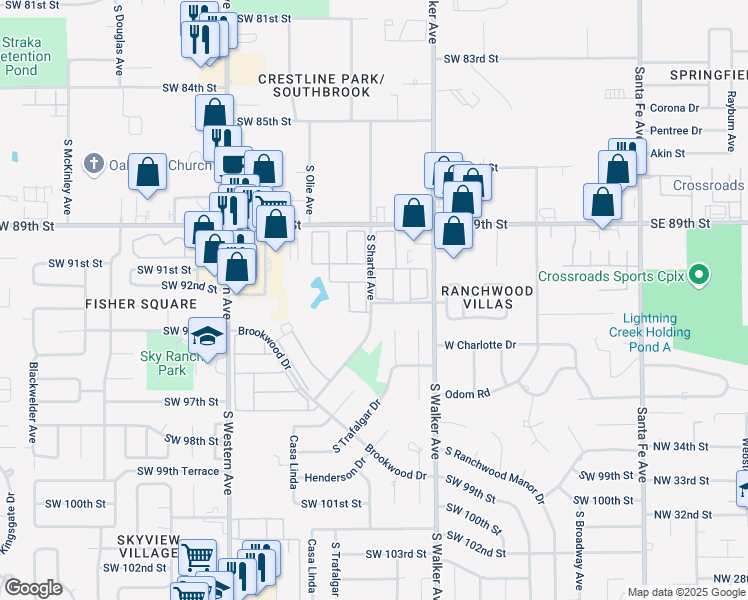 map of restaurants, bars, coffee shops, grocery stores, and more near 563 Southwest 93rd Street in Oklahoma City