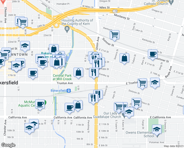 map of restaurants, bars, coffee shops, grocery stores, and more near 124 17th Street in Bakersfield