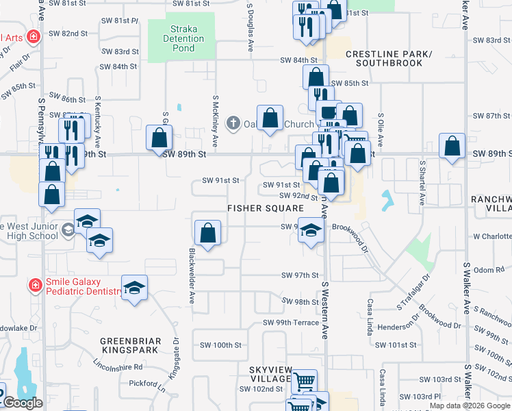 map of restaurants, bars, coffee shops, grocery stores, and more near 1033 Southwest 93rd Street in Oklahoma City