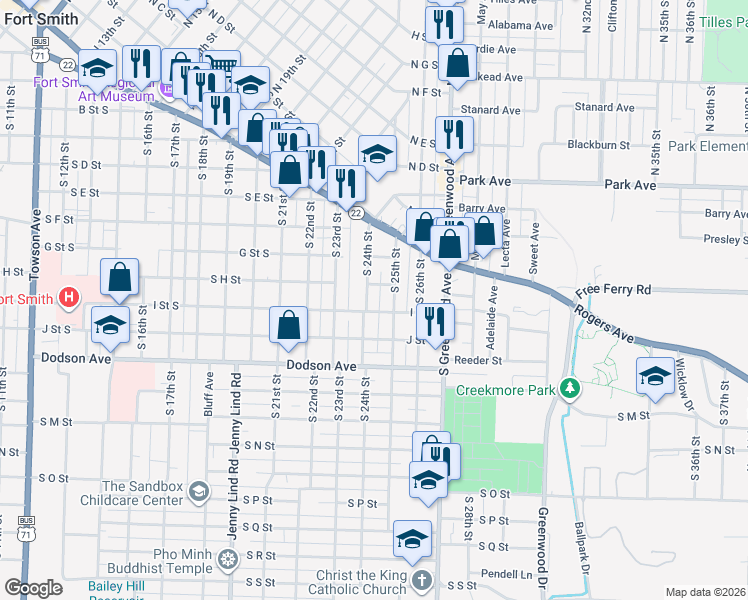 map of restaurants, bars, coffee shops, grocery stores, and more near 917 South 24th Street in Fort Smith