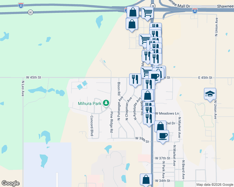map of restaurants, bars, coffee shops, grocery stores, and more near 4306 Bison Drive in Shawnee