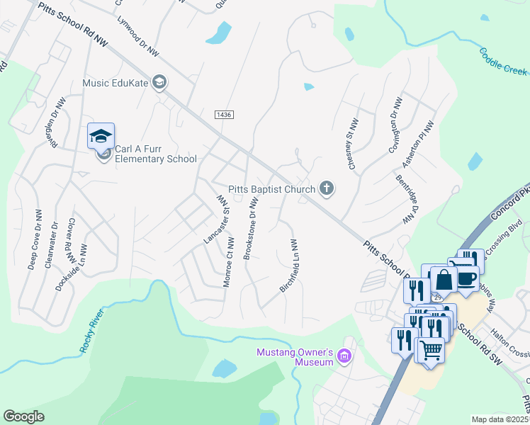 map of restaurants, bars, coffee shops, grocery stores, and more near 2841 Ridge Crossing Court Northwest in Concord