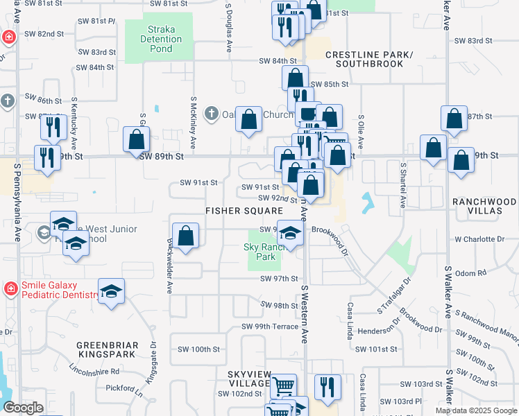 map of restaurants, bars, coffee shops, grocery stores, and more near 1005 Southwest 93rd Street in Oklahoma City