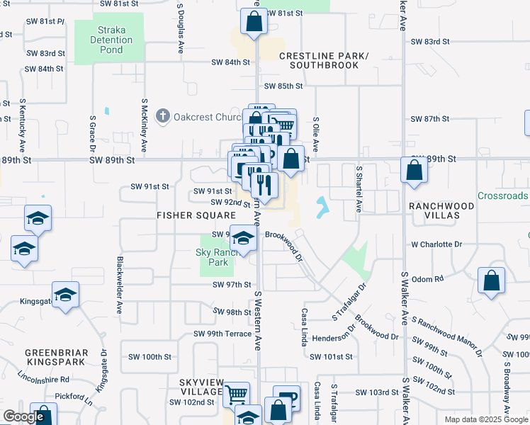map of restaurants, bars, coffee shops, grocery stores, and more near 9356 South Western Avenue in Oklahoma City