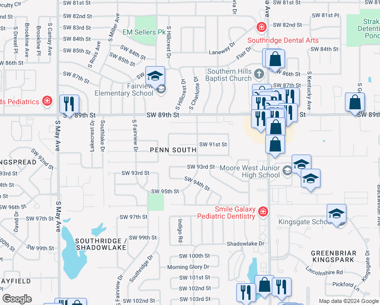 map of restaurants, bars, coffee shops, grocery stores, and more near 2409 Southwest 92nd Street in Oklahoma City