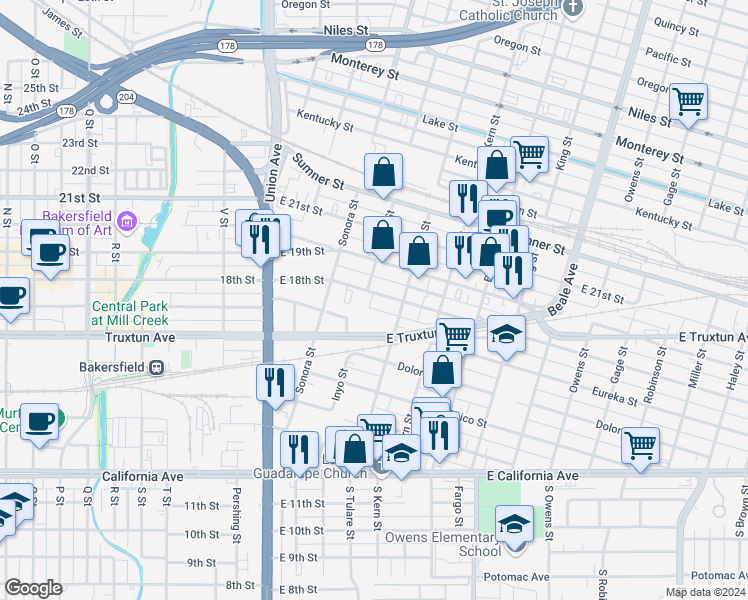 map of restaurants, bars, coffee shops, grocery stores, and more near 405 East 18th Street in Bakersfield
