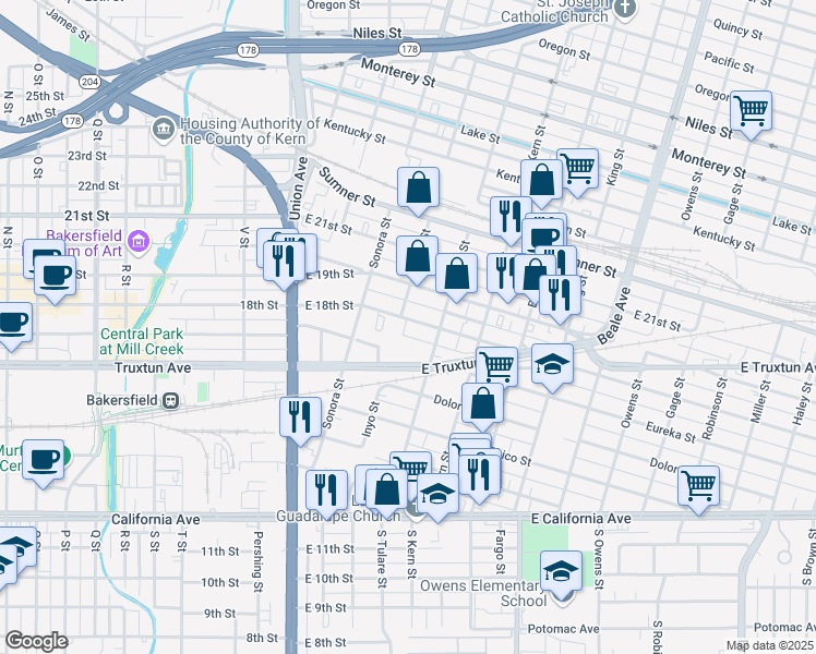 map of restaurants, bars, coffee shops, grocery stores, and more near 405 East 18th Street in Bakersfield