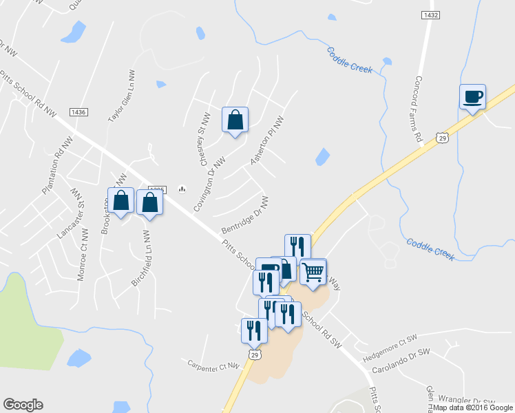 map of restaurants, bars, coffee shops, grocery stores, and more near 4939 Bentridge Dr NW in Concord
