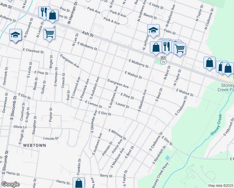 map of restaurants, bars, coffee shops, grocery stores, and more near 300 South Andrews Avenue in Goldsboro