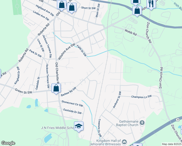 map of restaurants, bars, coffee shops, grocery stores, and more near 57 Trantham Street Southwest in Concord