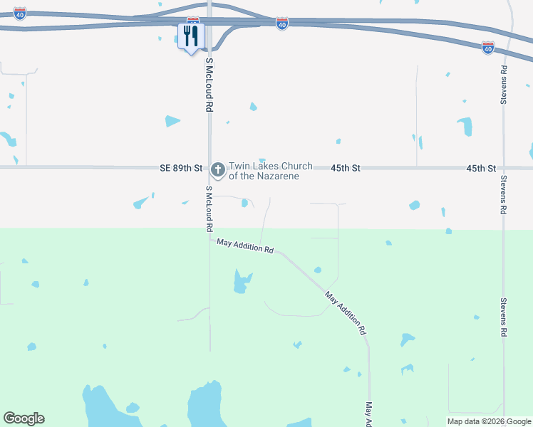 map of restaurants, bars, coffee shops, grocery stores, and more near 107 Kale Lane in McLoud