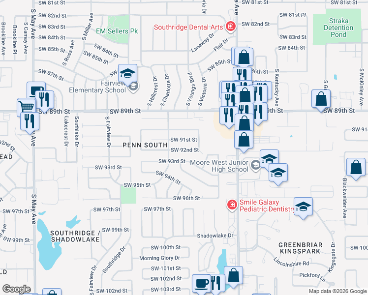 map of restaurants, bars, coffee shops, grocery stores, and more near 2321 Southwest 92nd Street in Oklahoma City