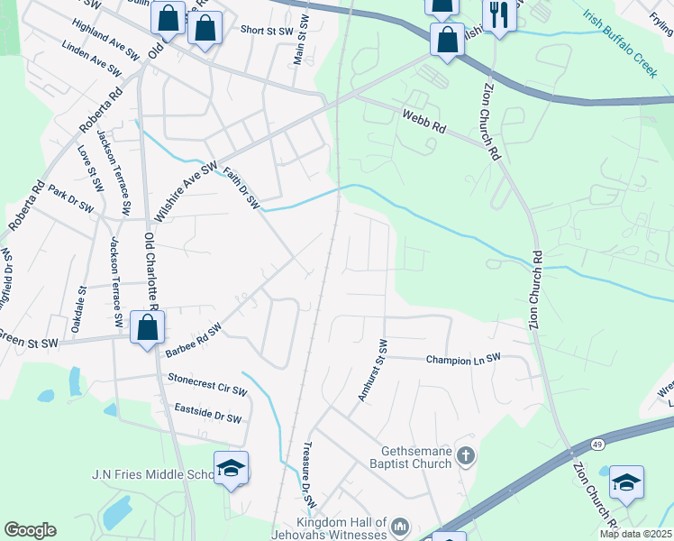 map of restaurants, bars, coffee shops, grocery stores, and more near 511 Railway Place Southwest in Concord