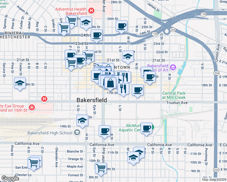 map of restaurants, bars, coffee shops, grocery stores, and more near 1700 K Street in Bakersfield