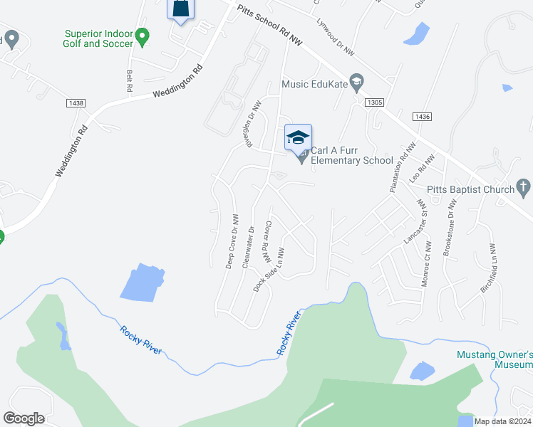 map of restaurants, bars, coffee shops, grocery stores, and more near 4071 Clover Road Northwest in Concord