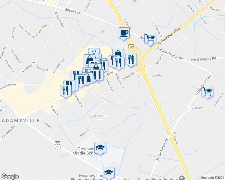 map of restaurants, bars, coffee shops, grocery stores, and more near 701 Saint John Church Road in Goldsboro