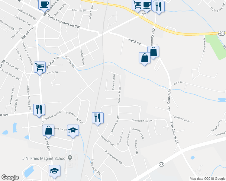 map of restaurants, bars, coffee shops, grocery stores, and more near 2816 Station Lane Southwest in Concord