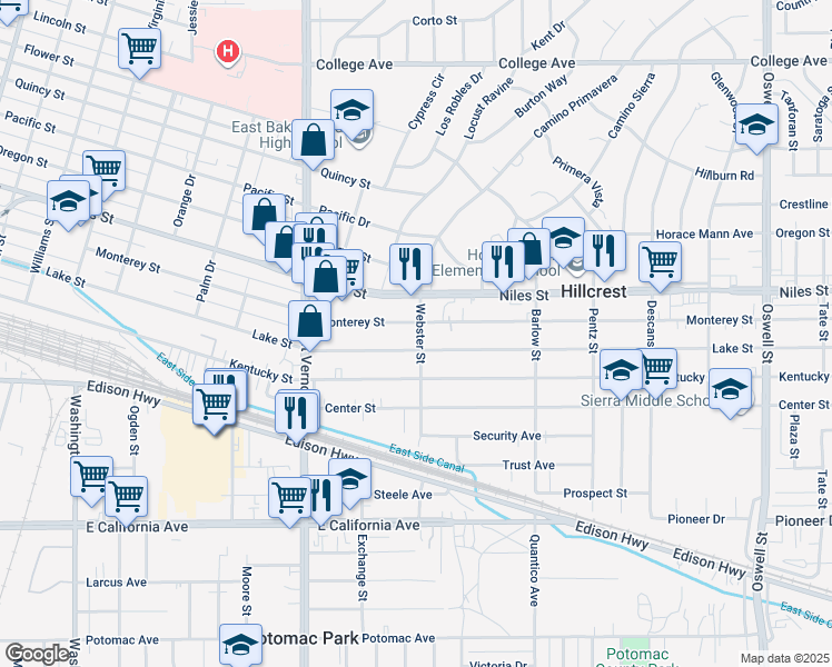 map of restaurants, bars, coffee shops, grocery stores, and more near 2449 Monterey Street in Bakersfield