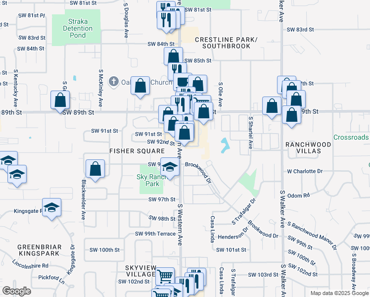 map of restaurants, bars, coffee shops, grocery stores, and more near 9356 South Western Avenue in Oklahoma City