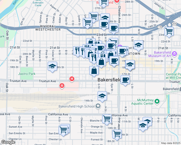 map of restaurants, bars, coffee shops, grocery stores, and more near 1701 F Street in Bakersfield