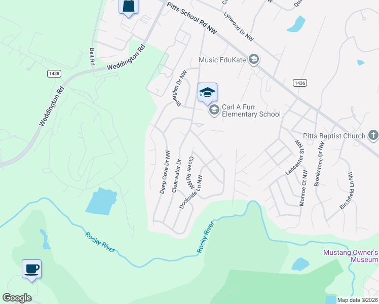 map of restaurants, bars, coffee shops, grocery stores, and more near 4071 Clover Road Northwest in Concord