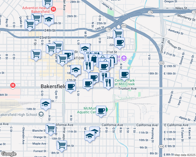 map of restaurants, bars, coffee shops, grocery stores, and more near 1000 17th Street in Bakersfield