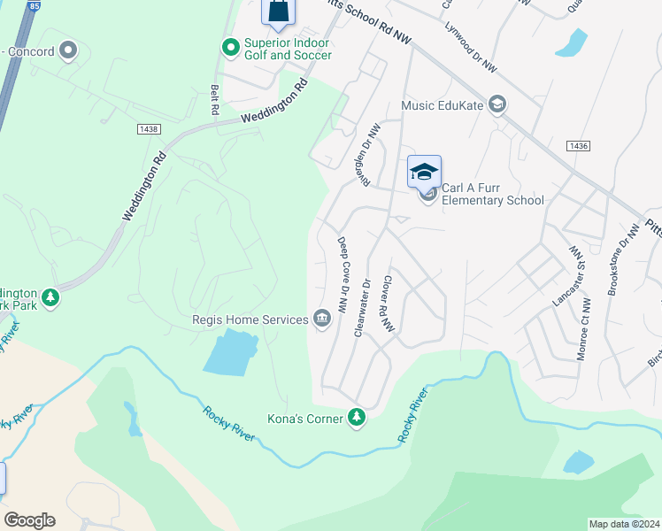 map of restaurants, bars, coffee shops, grocery stores, and more near 2853 Island Point Drive Northwest in Concord