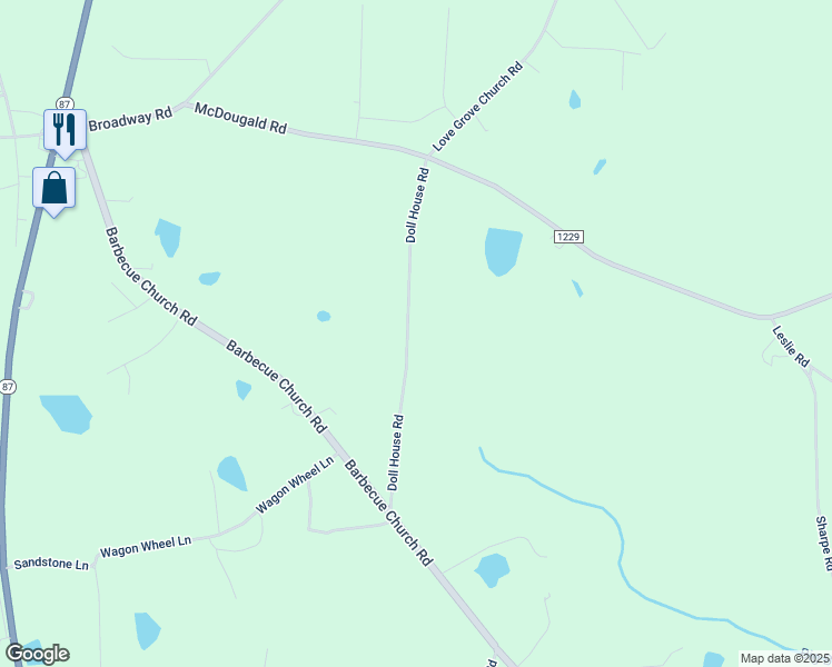 map of restaurants, bars, coffee shops, grocery stores, and more near 379 Doll House Road in Sanford
