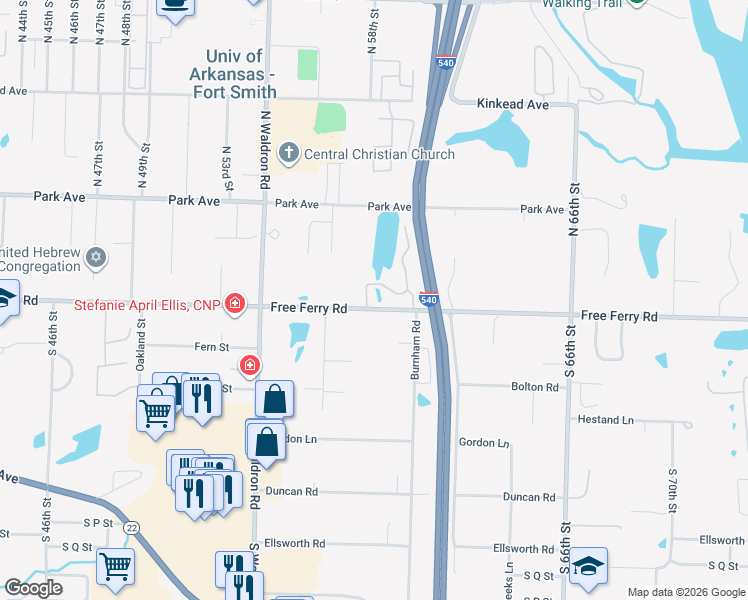 map of restaurants, bars, coffee shops, grocery stores, and more near 5701 Free Ferry Road in Fort Smith