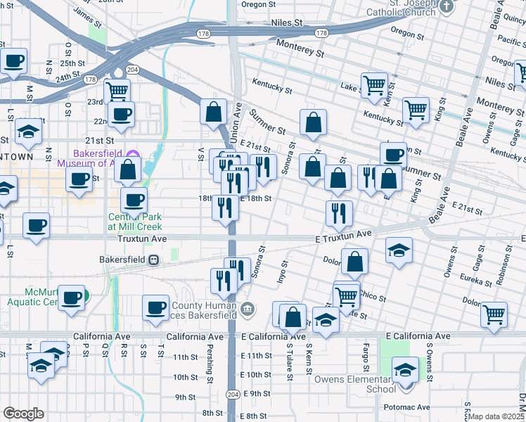 map of restaurants, bars, coffee shops, grocery stores, and more near 218 Eureka St in Bakersfield