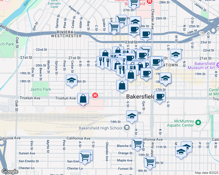 map of restaurants, bars, coffee shops, grocery stores, and more near 2020 17th Street in Bakersfield
