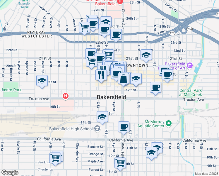 map of restaurants, bars, coffee shops, grocery stores, and more near 1707 Eye Street in Bakersfield