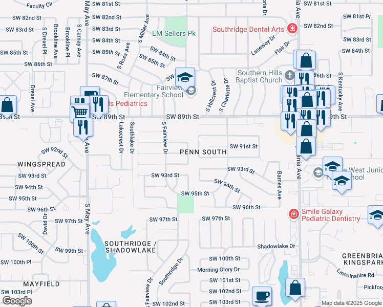 map of restaurants, bars, coffee shops, grocery stores, and more near 9200 South Villa Avenue in Oklahoma City