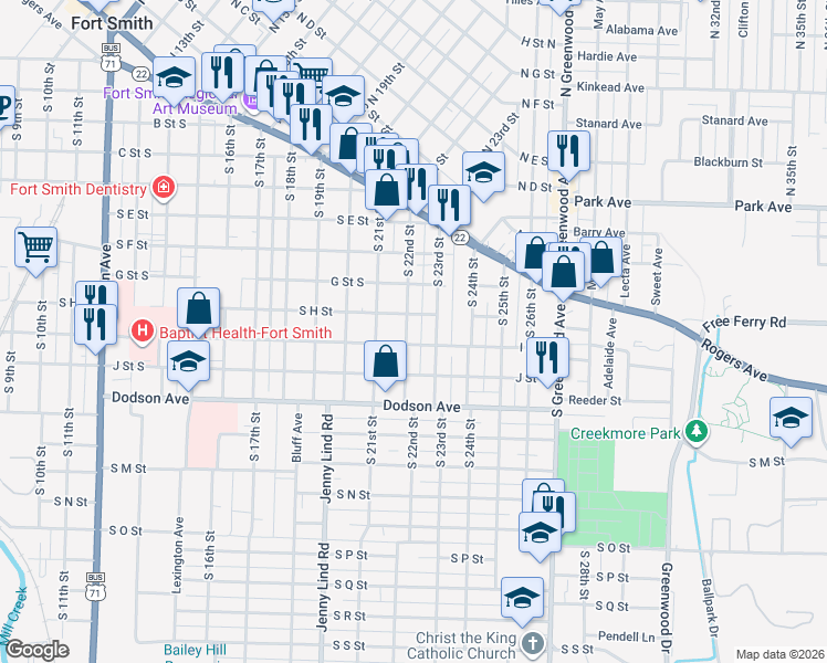 map of restaurants, bars, coffee shops, grocery stores, and more near 913 South 22nd Street in Fort Smith