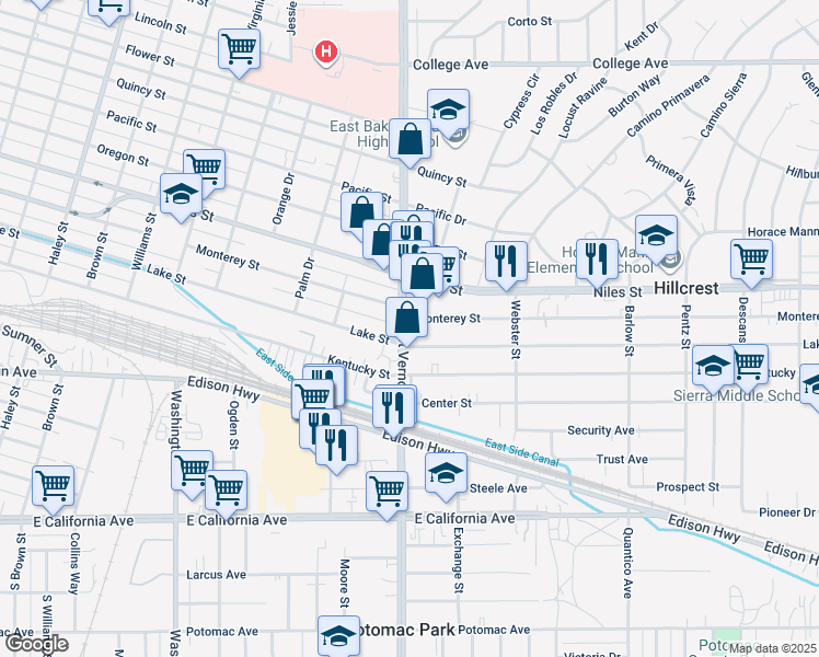 map of restaurants, bars, coffee shops, grocery stores, and more near 2217 Monterey Street in Bakersfield