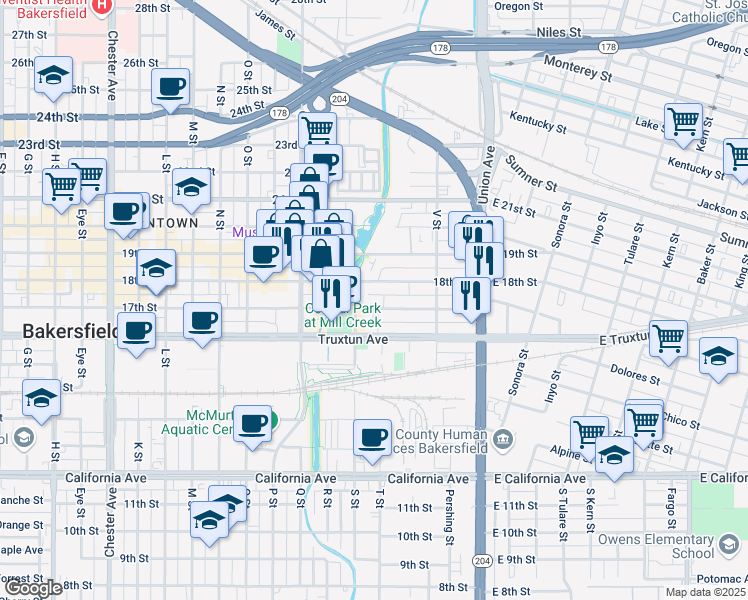 map of restaurants, bars, coffee shops, grocery stores, and more near 428 17th Street in Bakersfield