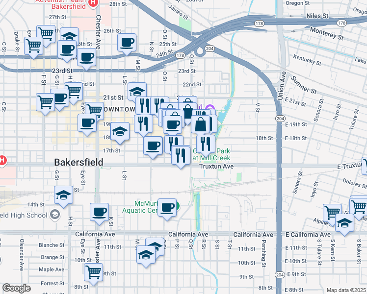map of restaurants, bars, coffee shops, grocery stores, and more near 822 17th Street in Bakersfield