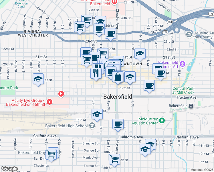 map of restaurants, bars, coffee shops, grocery stores, and more near 1707 Eye Street in Bakersfield