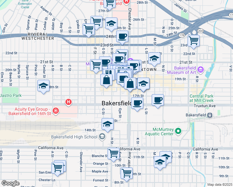 map of restaurants, bars, coffee shops, grocery stores, and more near 1707 Eye Street in Bakersfield
